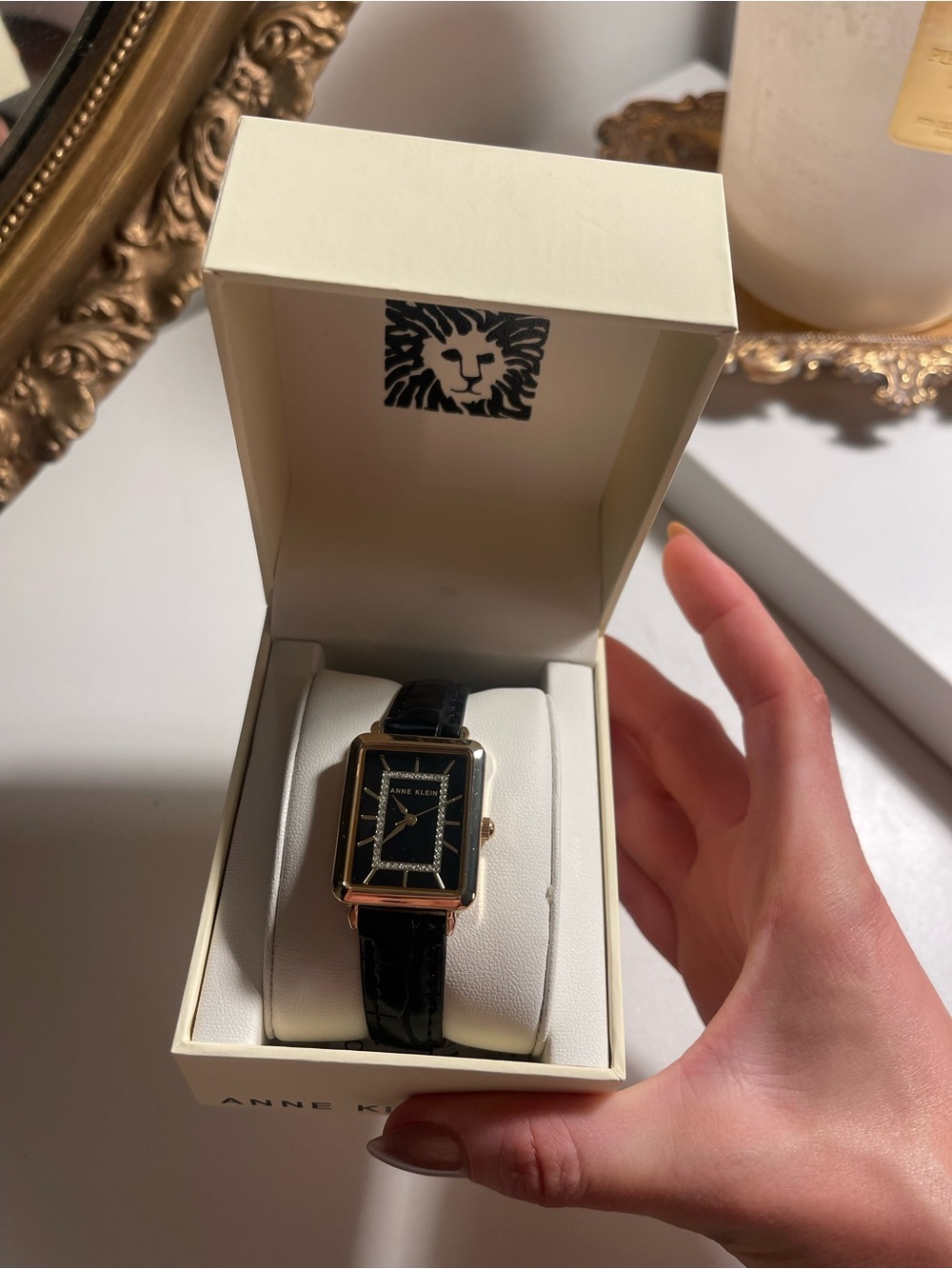 Anne Klein Black and Gold Rectangular Leather-Strap Watch